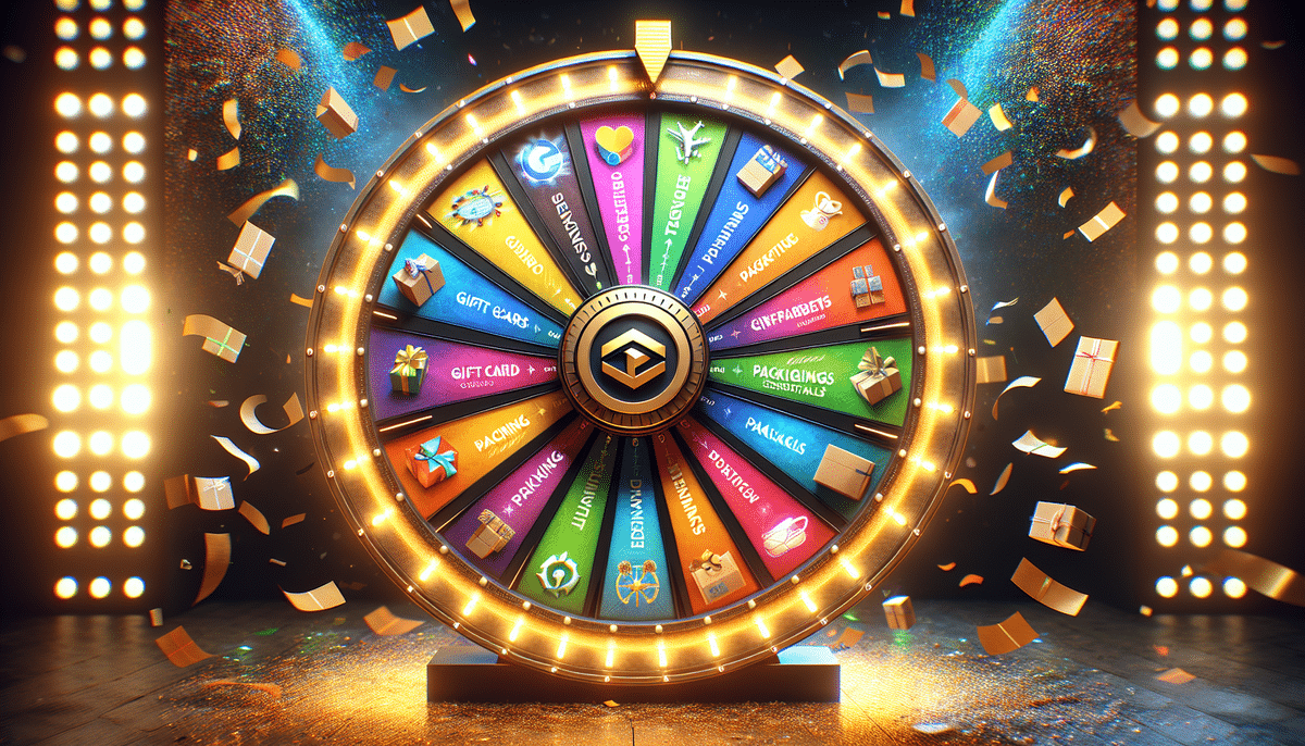 A brightly lit spinning prize wheel with colorful segments, each labeled with enticing rewards like Gift Card and Packaging. Confetti surrounds the wheel, as spotlights illuminate the scene against a dark background, inviting you to unlock exclusive benefits with FedEx Rewards.