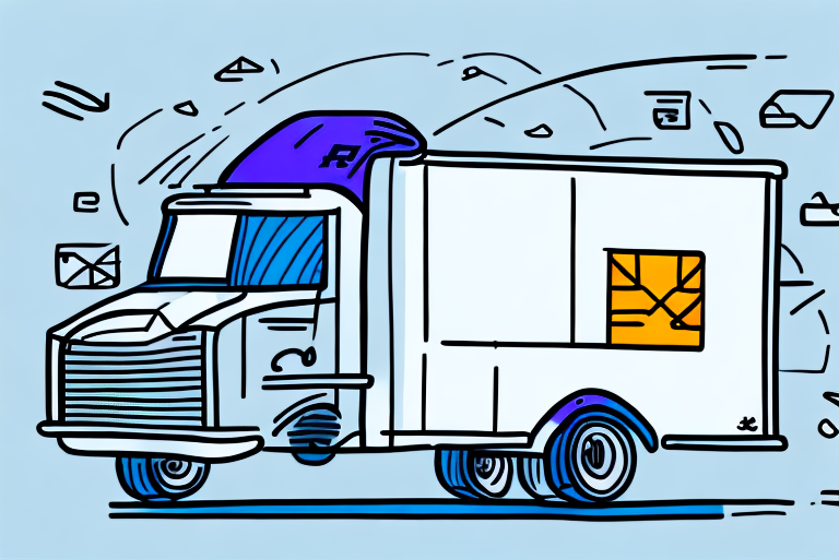 Illustration of a FedEx delivery truck with a white and purple color scheme. The truck is surrounded by flying envelopes and parcels, suggesting its in transit. The background is blue, the truck has a glowing window, emphasizing speed and tracking efficiency.