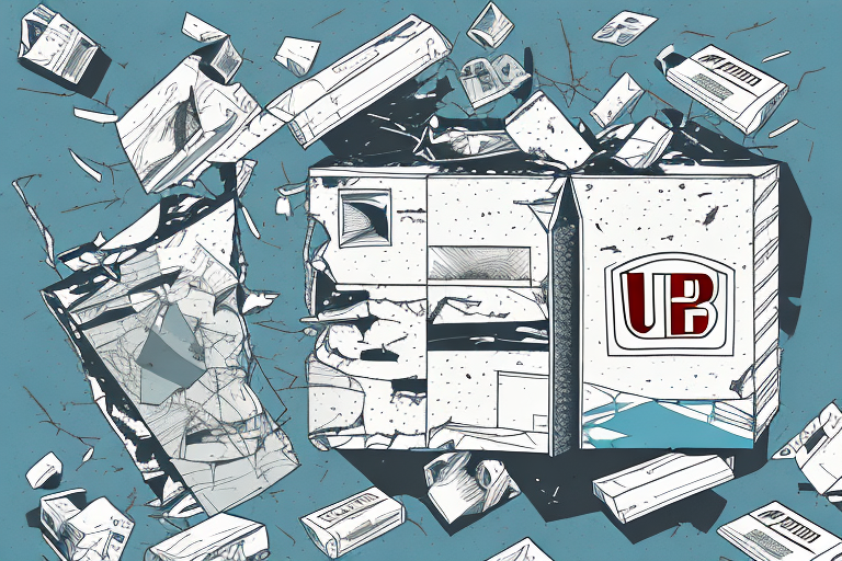 An illustration depicts a large book marked with UB on the cover, amidst broken pieces of other books, as if hinting at package damage during UPS shipping. The scene unfolds against a blue background adorned with abstract patterns.