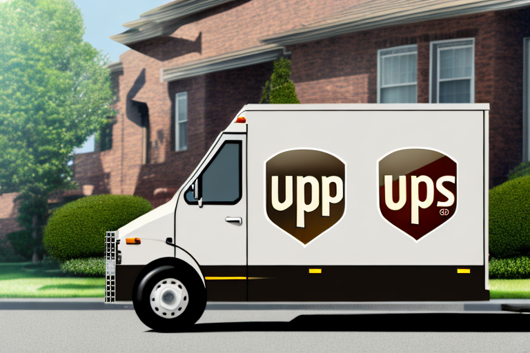 A delivery truck is parked on a suburban street, perhaps the result of an UPS delivery error. It bears two logos with the letters upp and ups in brown and gold. Brick houses are in the background, along with neatly trimmed bushes and a tree.