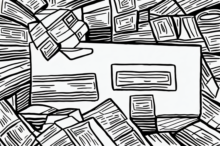 An abstract black-and-white illustration features various rectangular shapes and lines dynamically arranged around a central void, reminiscent of the precise order in which UPS parcels are sorted for customers, creating a visually complex pattern.