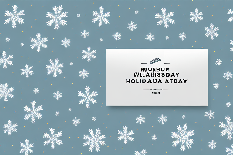 A gray-blue background with white snowflakes scattered across. A rectangular card in the center reads WONDERFUL WINTER WISHES ON THIS HOLIDAY AND EVERY DAY, inspired by the festive Amazon Holiday Schedule, with a small silhouette of a gift on top.