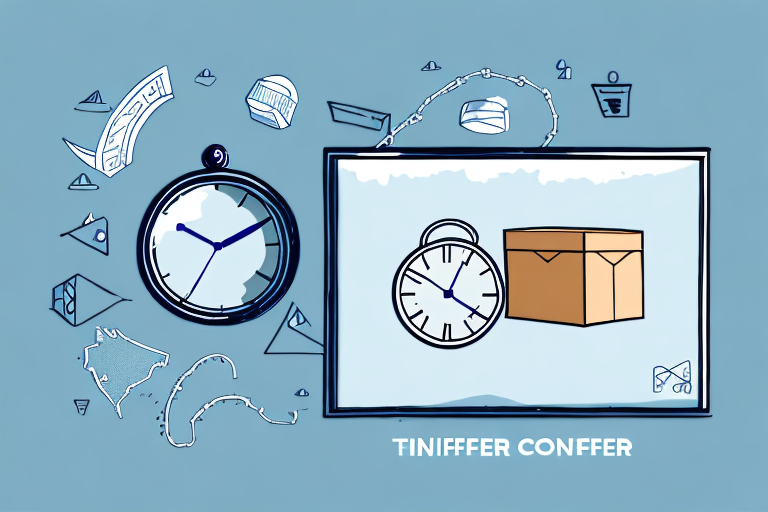 A digital illustration featuring a clock, a box, and various geometric shapes—including a chain—on a blue background evokes the importance of delivering on time. The words TINIFFFER CONFFER are written at the bottom.