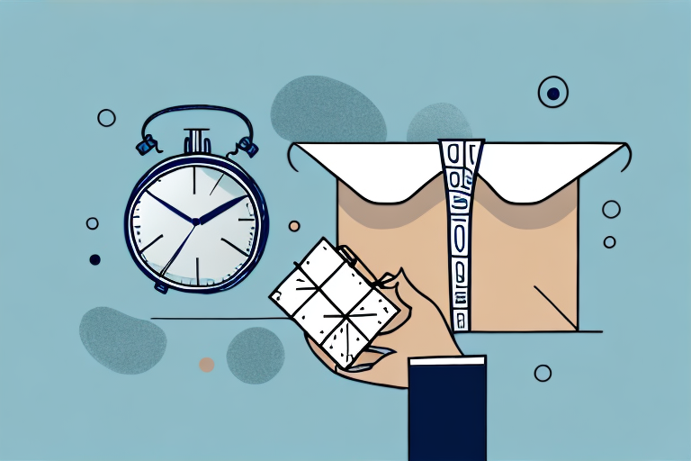 A stylized illustration features a hand holding a Rubiks cube, an envelope, and a vintage clock displaying 9:00 against a blue background with abstract shapes. This artwork captures the essence of on-time delivery, where customer actions meet the precision akin to Amazon delivery standards.