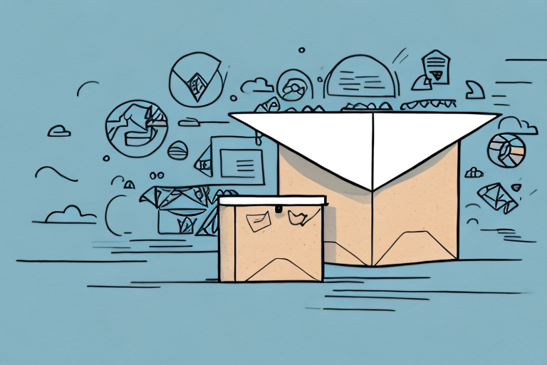 Illustration of two stylized cardboard boxes on a blue background. The larger box resembles an open envelope, surrounded by hand-drawn icons like clouds, charts, and envelopes, suggesting themes of communication and shipping options.