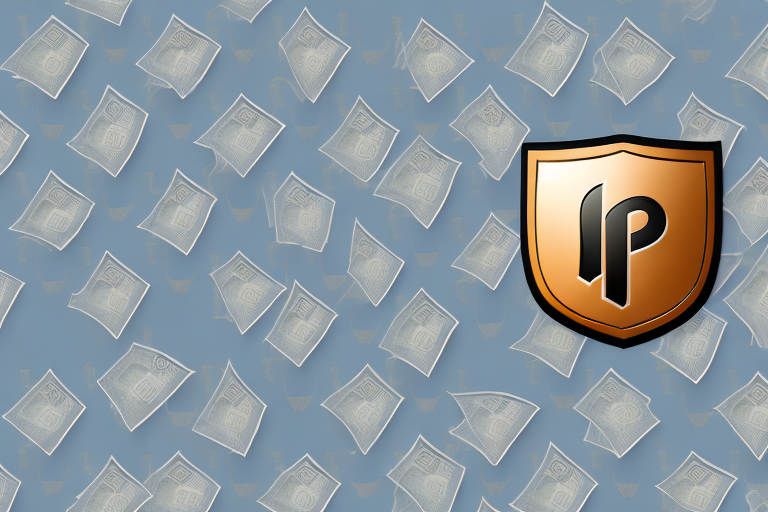 A bronze shield with IP on it is displayed on the right, surrounded by floating document icons adorned with locks. This theme vividly suggests internet privacy, akin to how UPS insurance costs just $5 safeguard your precious parcels during transit.