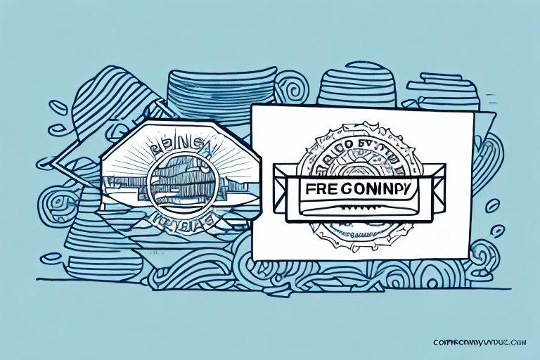 A hand-drawn illustration showcases two stylized, circular stamps. One has an illegible design, while the other reads FREGONINP. Both are enclosed within a rectangular border, surrounded by abstract wavy lines reminiscent of a free economy shipping label.