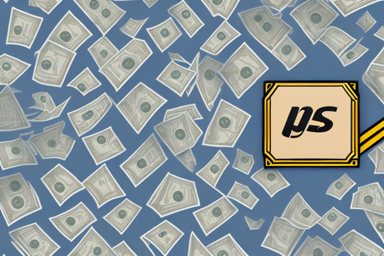 Illustration of scattered dollar bills against a blue background with a stylized ps logo in a gold-bordered square on the right side, symbolizing the value of UPS shipping insurance.