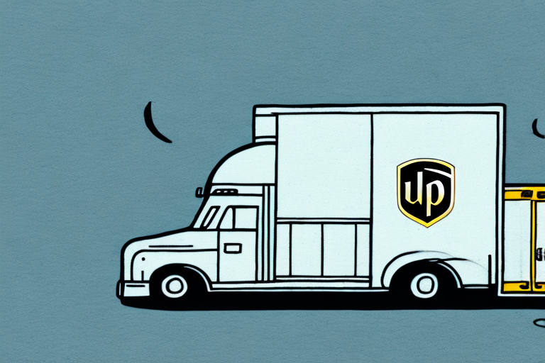 A minimalist illustration features a moving truck with an up logo, against a blue background. The truck is in profile, facing left, with subtle motion lines suggesting movement. It artfully conveys the efficiency of UPS overnight delivery.