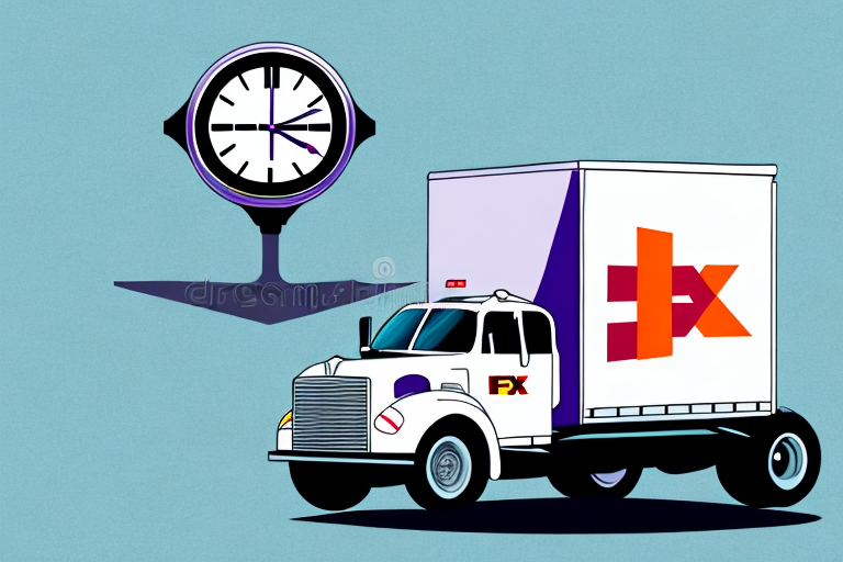 Illustration of a delivery truck with the letters FX on its side, parked near a large clock showing 10:10, symbolizing FedEx Same-Day Delivery cut-off time. The background features a solid teal color.