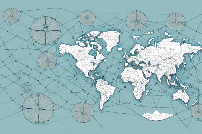 A stylized world map showing continents connected by a network of intricate lines and nodes, resembling a web of interlinked circular patterns. The light blue background accentuates the theme of connectivity, hinting at routes marked by pickup addresses and maximum distances.