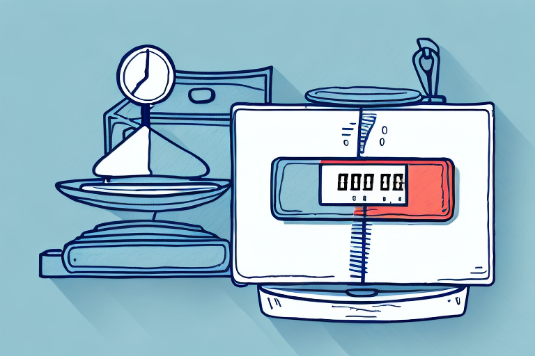 Illustration of a vintage mechanical scale used for shipping on a light blue background. The scale features a large, circular dial on the left, a flat weighing pan with bold lines, and an analog display with red highlights indicating maximum weight. The style is sketchy and dynamic.