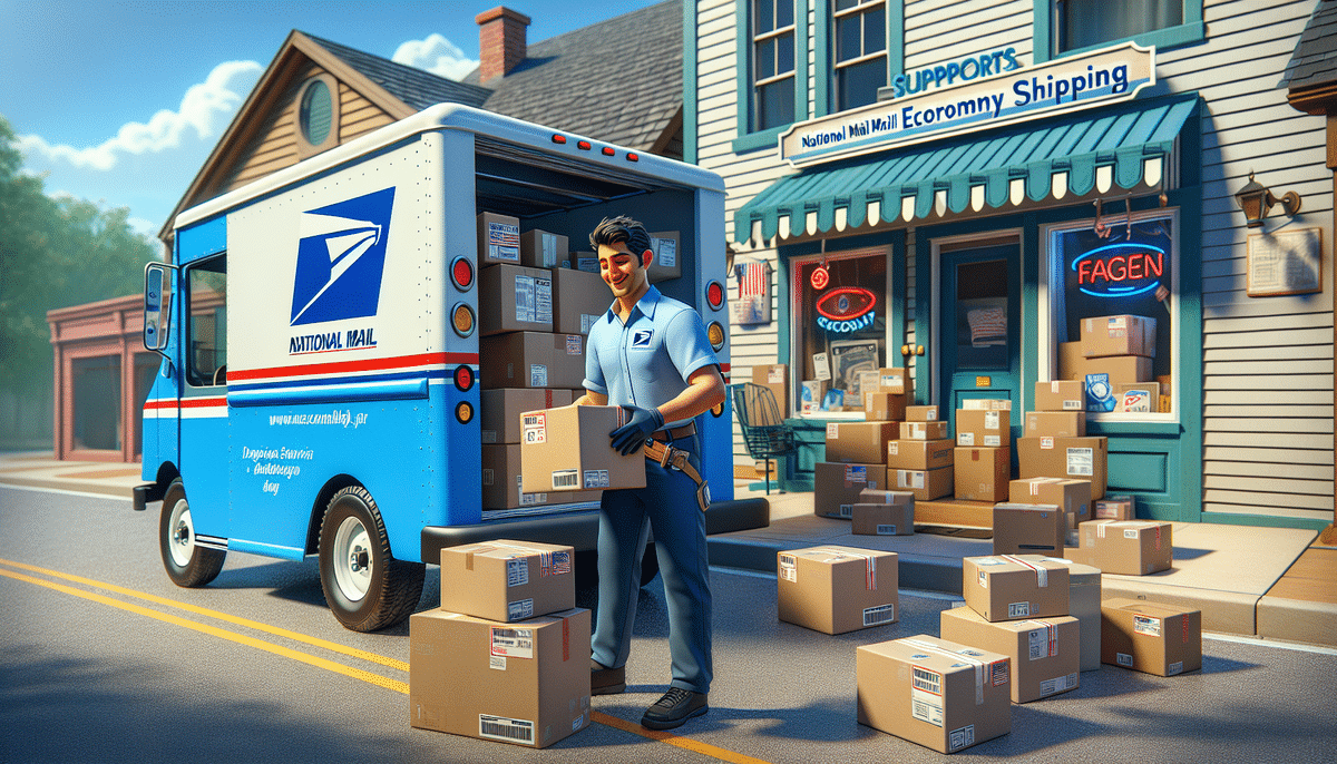 A mail delivery person stands beside a postal truck, carrying a package. Numerous boxes are scattered outside a shop with a sign supporting USPS Economy Shipping. The street scene is lively and colorful, with a blue sky overhead, offering a comprehensive guide to efficient deliveries.