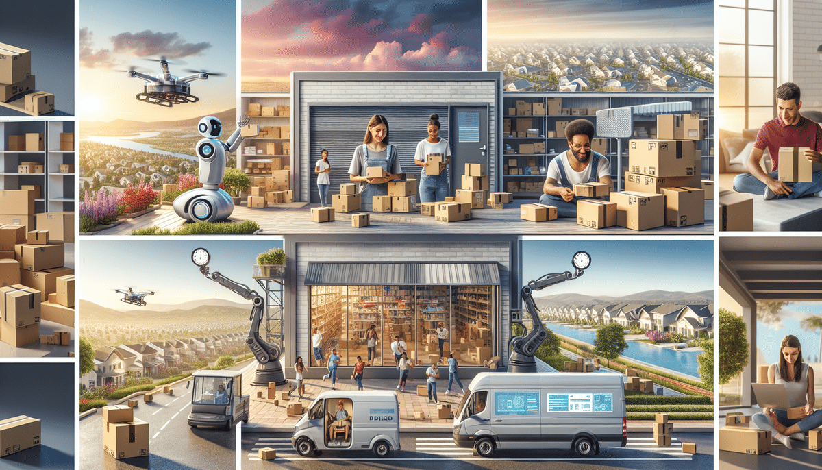 A montage of futuristic package delivery scenes: drones flying, robots assisting, people packing Amazon packages in a warehouse, delivery vehicles on the move, and a community eagerly tracking their arrival time in a suburban setting.