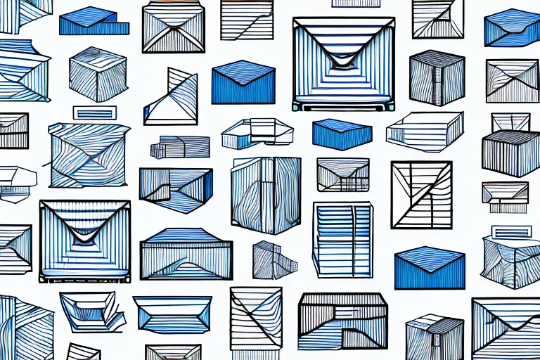 A grid of abstract 3D geometric shapes showcases various sizes of cubes and boxes, each adorned with intricate blue and black line patterns on a white background, reminiscent of mapping out comprehensive shipping methods.