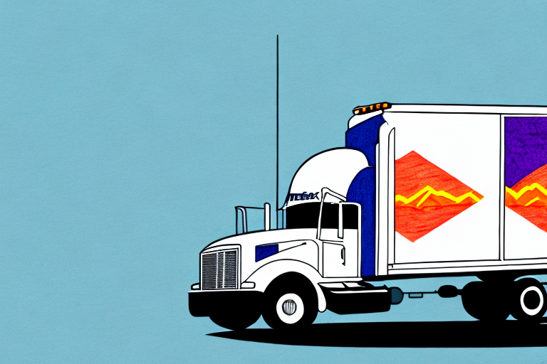 Illustration of a large white delivery truck with colorful geometric designs on the side, featuring FedEx delivery time details against a light blue background. The truck is facing left, with a prominent cab and trailer.