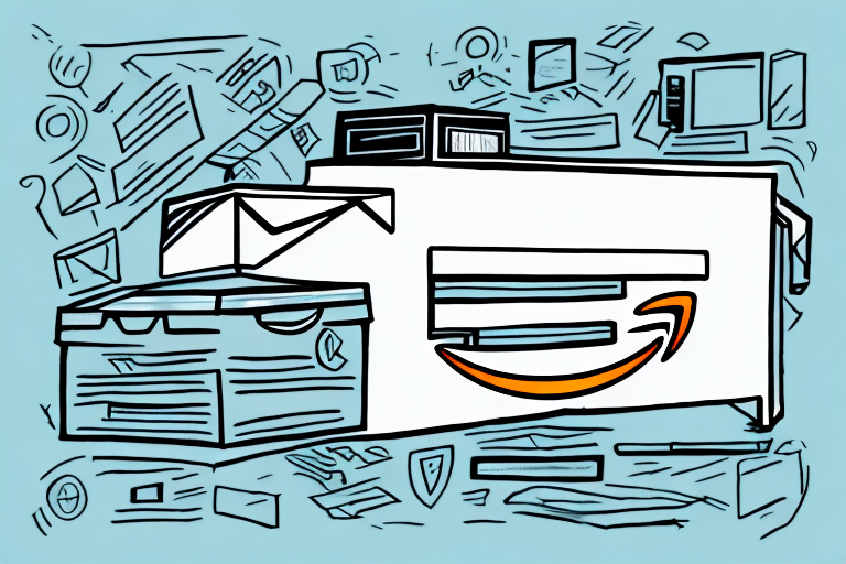 Illustration of a printer and a cardboard box with a stylized orange arrow echoing Amazons logo. The background features icons related to communication and office supplies on a light blue backdrop, subtly suggesting the process of dealing with returned items.
