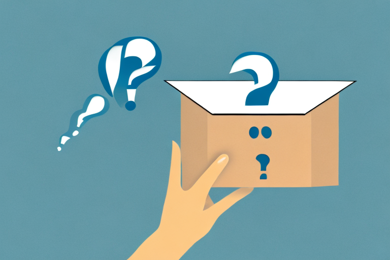 A hand holds an open cardboard box containing a large question mark, symbolizing a mysterious Best Buy package missing in transit. Two smaller question marks float nearby against a solid light blue background, emphasizing the puzzling lost Best Buy delivery.