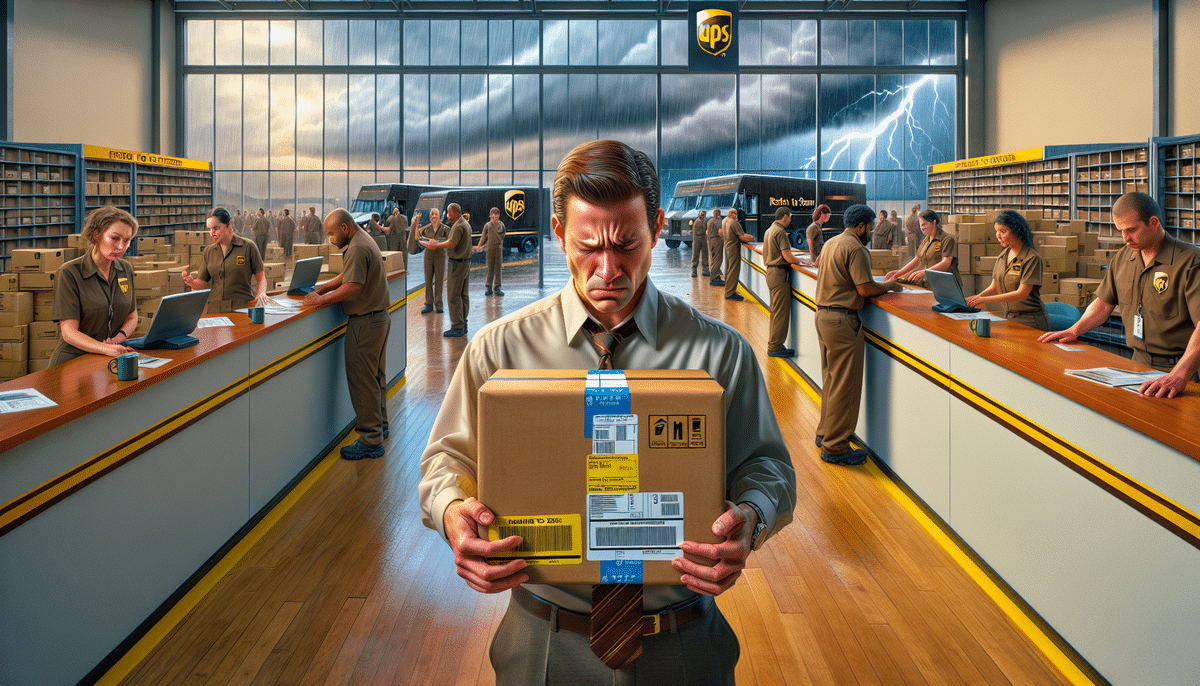 A man stands holding a package labeled as undeliverable in a bustling distribution center. Workers in brown uniforms sort boxes while large trucks, marked with UPS Ground Shipment logos, are visible through the windows. Meanwhile, a storm rages outside, with lightning striking dramatically in the background.