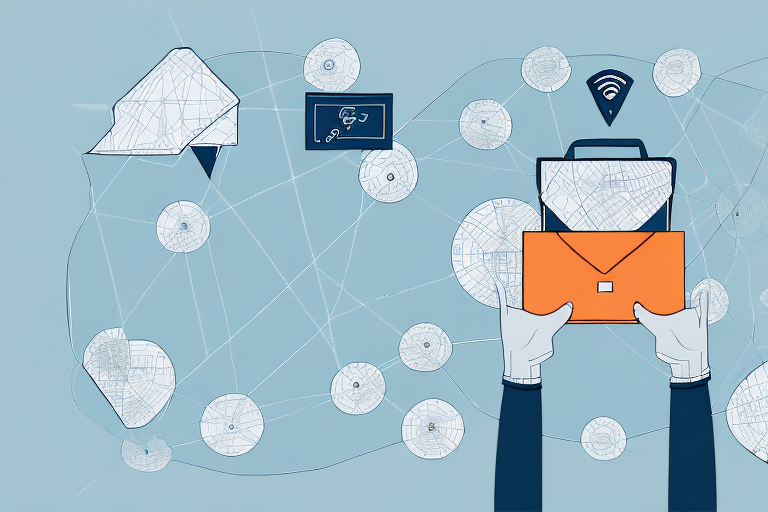 A digital illustration shows hands holding an open briefcase filled with digital network lines and icons, including a cloud, lock, and Wi-Fi symbol, all interconnected by thin lines. This scene symbolizes not only connectivity and data transfer but also hints at safeguarding against lost packages.
