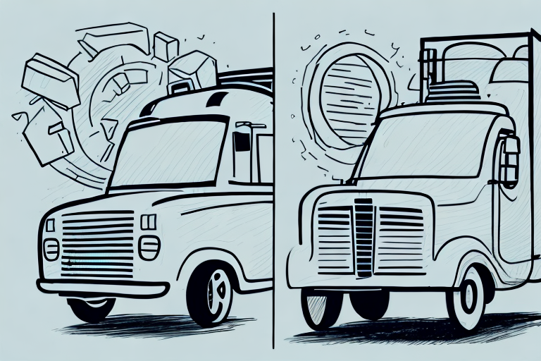 A split image of two trucks: on the left, a FedEx truck being broken apart, and on the right, a truck carrying a giant magnet. The drawings are in black and white, with bold outlines and sketch-like details.