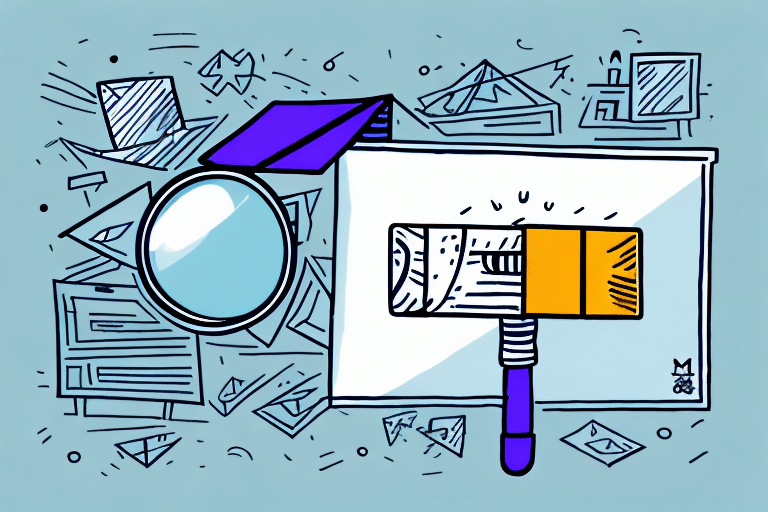A colorful illustration of a magnifying glass and pencil on a background filled with papers and envelopes evokes investigation or creativity. Abstract shapes surround a central open folder, subtly hinting at the organized efficiency reminiscent of FedEx Ship Manager.