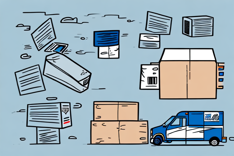 Illustration of various mailing objects: a mailbox, envelopes, parcels, and a delivery truck on a light blue background. The dynamic layout suggests movement and the swift shipping speed of USPS Priority as these items journey through the delivery process.