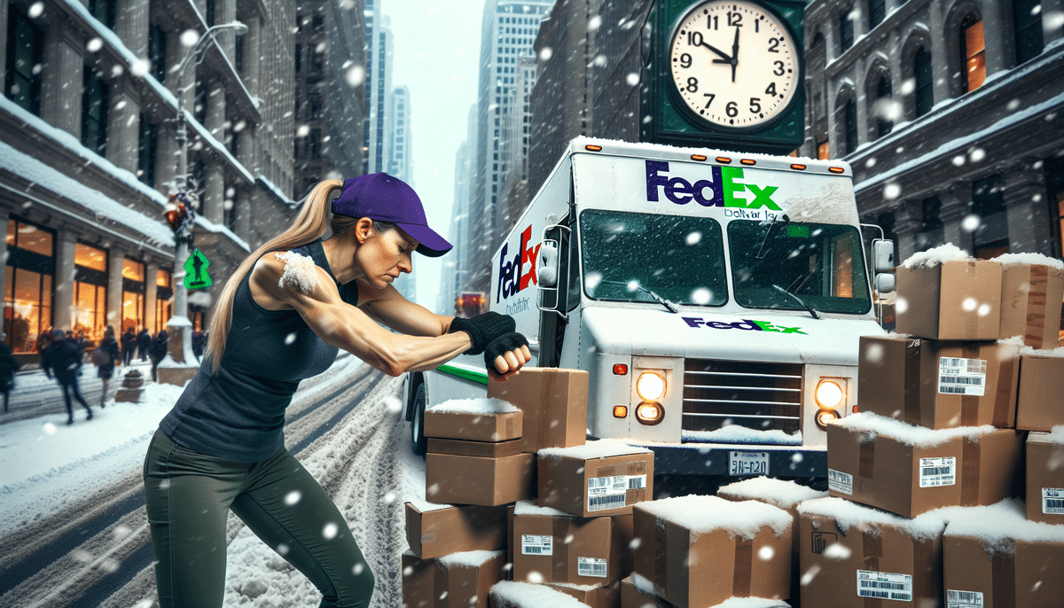 A woman donning a purple cap and tank top braves the snowy city street, stacking FedEx boxes near a parked truck. A large clock on a nearby building reminds her of time ticking by as snowflakes gently fall around her.