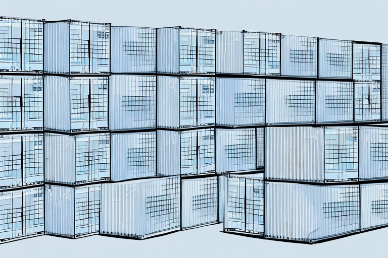 A pile of light blue shipping containers stacked in an organized manner against a pale blue background, perfect for wholesale. The containers have black accents and appear slightly reflective.