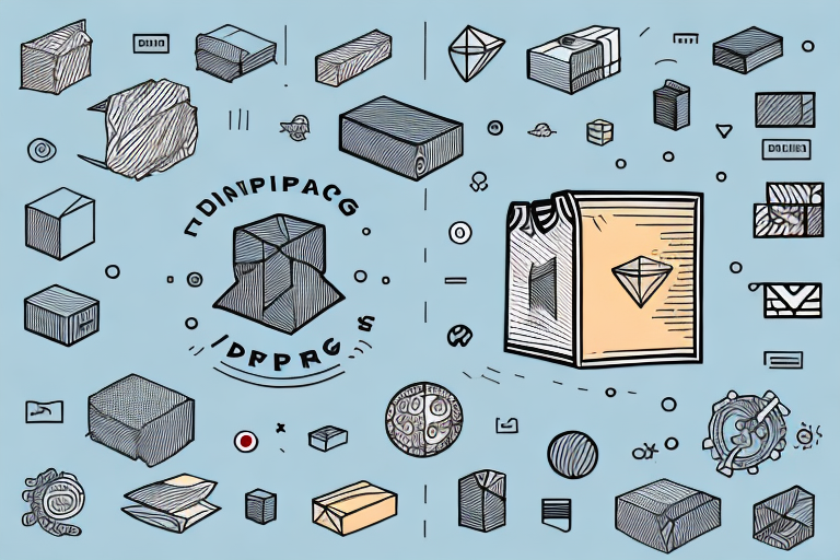 A collection of hand-drawn geometric shapes and abstract designs on a blue background with a central focus on a folded diamond-like shape. Text about UPS Store shipping rates surrounds it, alongside various cube forms and symbols scattered throughout.