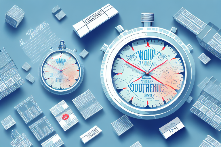 Illustration of two stopwatches on a blue background, each displaying artistic text and map designs. The stopwatches, reminiscent of tracking orders on Amazon, are surrounded by drawings of various boxes and grids, creating an abstract, time-themed composition.