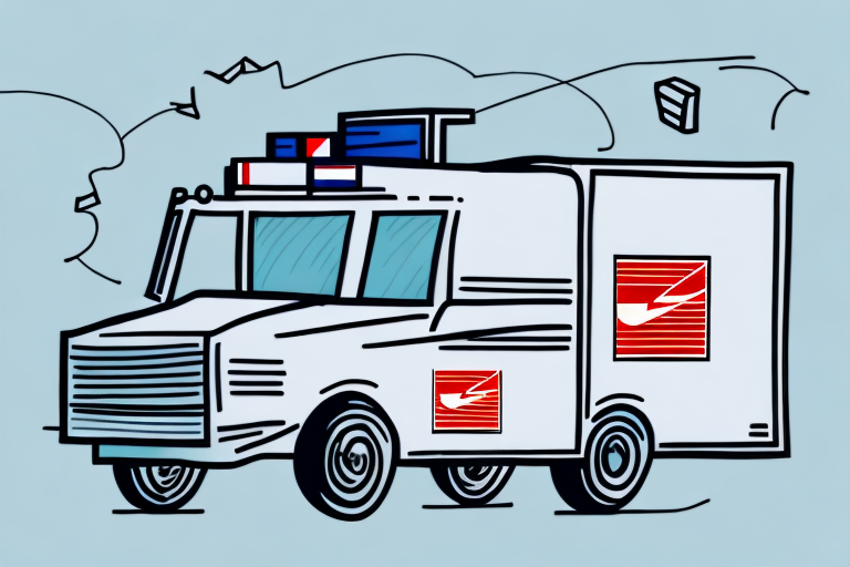 Illustration of a delivery truck with packages on top and in motion, featuring a red and white Amazon logo on the side. The background is light blue, indicating movement with stylized speed lines, capturing the essence of modern 2022 logistics.