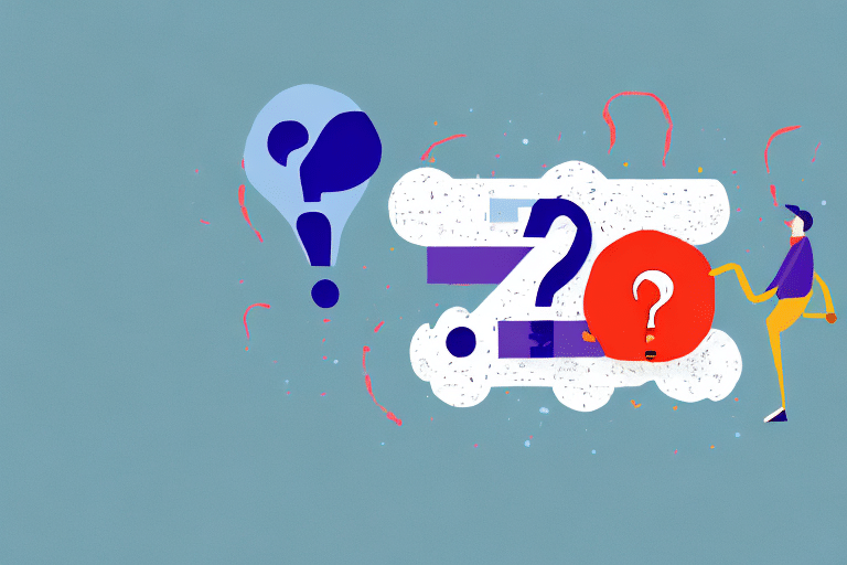 An abstract illustration featuring large question marks in blue and red against a light blue background. A stylized person, holding a red question mark, walks on the right side, surrounded by red confetti-like elements, echoing the choice one makes when selecting a service type in FedEx Ship Manager.