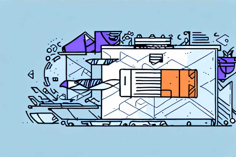 An abstract illustration of a futuristic, robotic machine with geometric shapes and a digital interface reminiscent of the FedEx Ship Manager. The design features a large central rectangle and various angular components in purple, white, and orange on a light blue background.