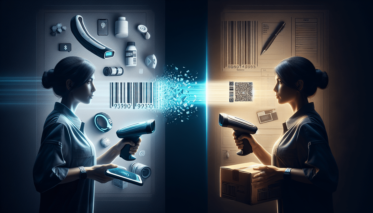 Two people scanning barcodes in a dimly lit room: one uses a Zebra DS2208 to scan a holographic display of various items, while the other scans a QR code on a package. The scene suggests a futuristic or advanced technology setting.