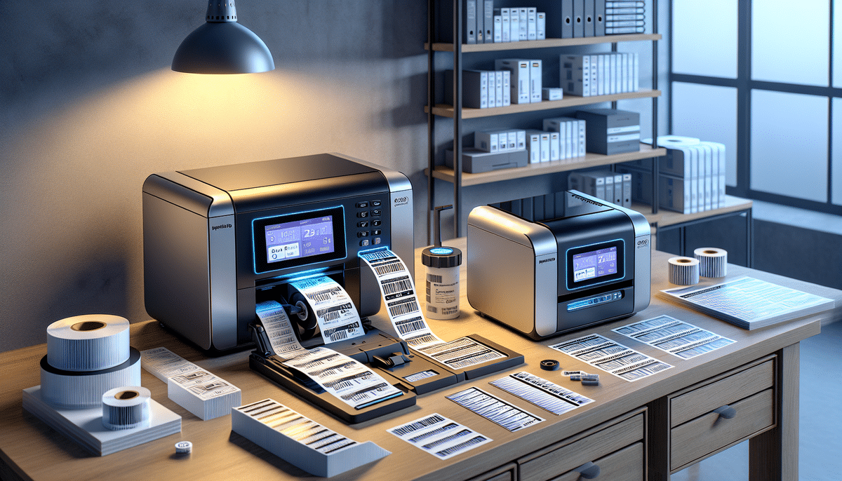 A modern office setup features a Brother QL-1100 and Zebra ZD620 label printer on a wooden desk, with printed labels and rolls of blank labels scattered around. Shelves in the background hold organized label supplies. The space is lit by a lamp, creating a focused work environment ideal for comparison tasks.