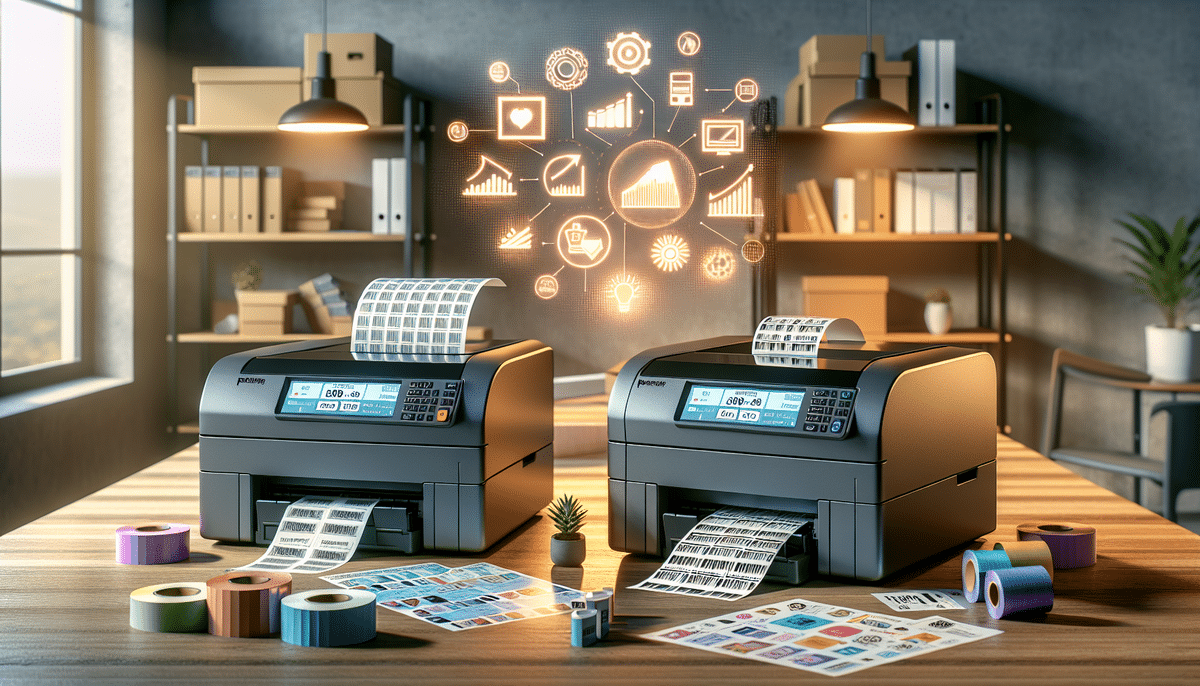 Two modern printers, including the DYMO LabelWriter 4XL and Zebra ZP450, sit on a wooden table, printing colorful labels and charts. Around them are rolls of printing paper and graphics of technology icons. The rooms shelves and window suggest a vibrant office environment perfect for label printer comparison.