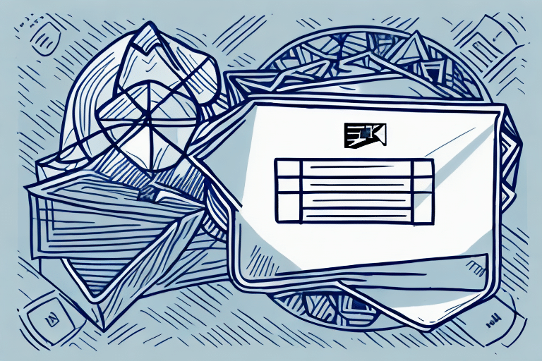 Abstract illustration featuring geometric shapes and lines. A large speech bubble with horizontal lines, reminiscent of a FedEx Ship Manager interface, overlays the design alongside a small black flag icon. The background consists of overlapping circles and triangles in blue tones.