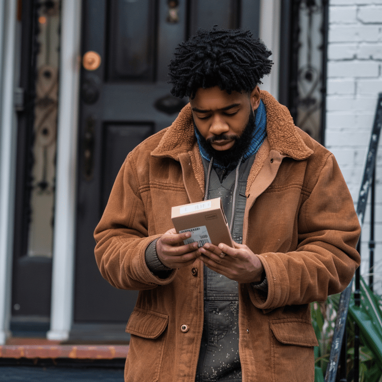 A person with a brown jacket examines a small UPS package while standing in front of a doorway. They appear focused on the package, potentially to correct an address, with a dark door and steps visible in the background.