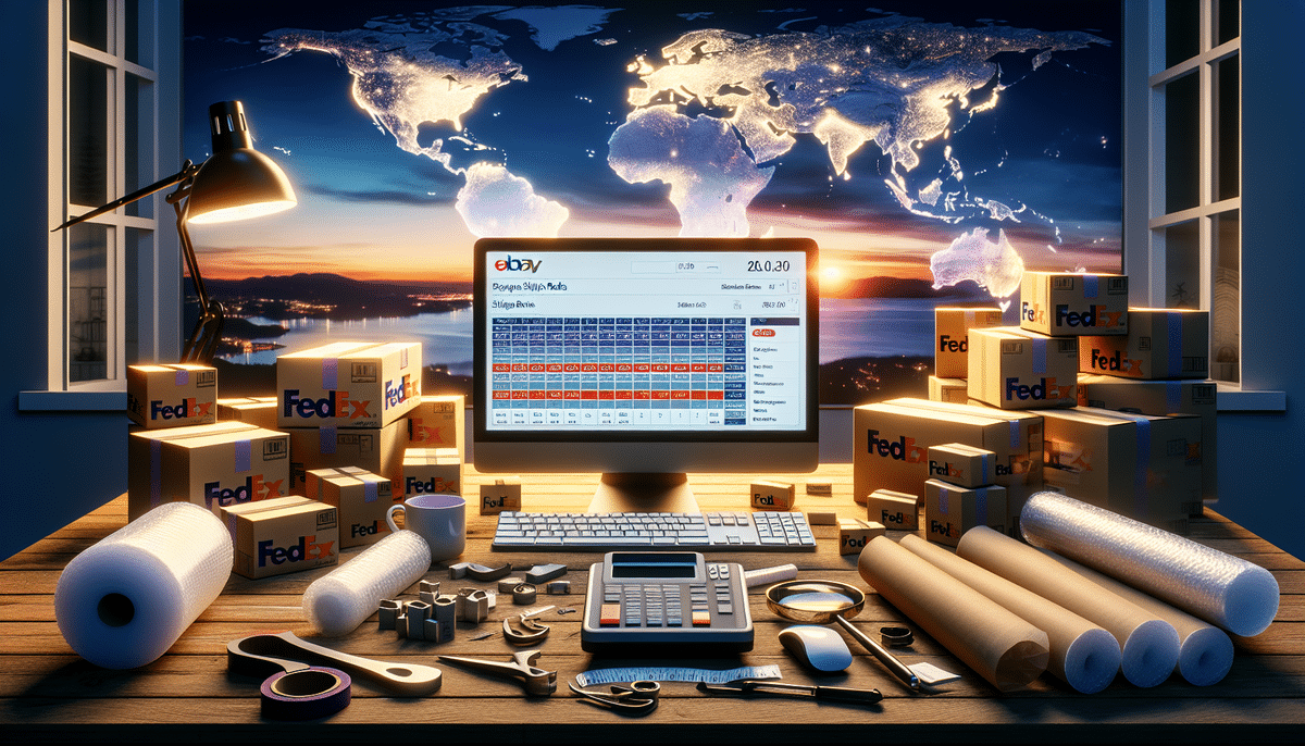 A computer screen displaying an eBay sales dashboard is on a desk, surrounded by FedEx boxes, packaging materials, a calculator, and stationery. Outside the window, a world map with glowing city lights highlights global trade and the impact of efficient FedEx shipping rates on reaching international markets.