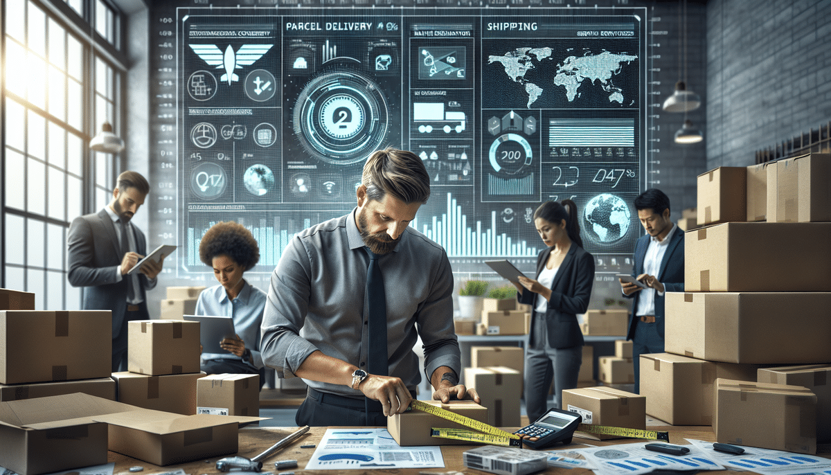 In a modern office bustling with activity, a team efficiently handles packages. One man uses a tape measure to assess box dimensions, aiding others who rely on tablets to estimate FedEx shipping rates. Behind them, a futuristic digital screen visualizes parcel delivery and shipping data.