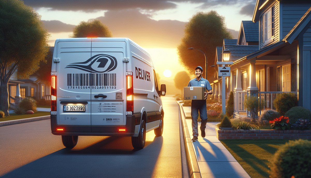 A FedEx delivery worker carrying a package walks toward a house at sunset. A FedEx truck is parked by the curb, and the scene features a suburban street with houses and trees. Warm sunlight illuminates the area, adding to the serene atmosphere.