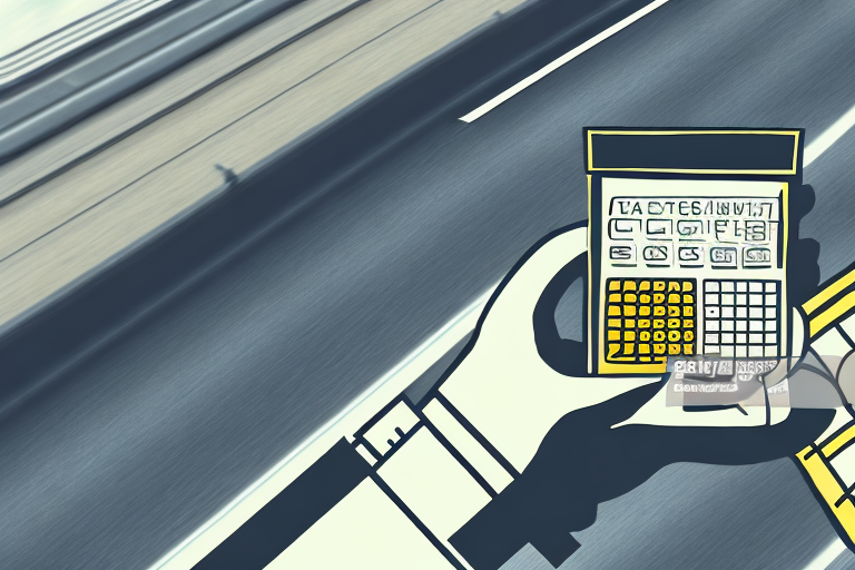 A hand holds a yellow electronic device, reminiscent of a vintage UPS Freight Calculator, with buttons and a screen, set against a blurred background of a road lined with lanes and metal barriers.