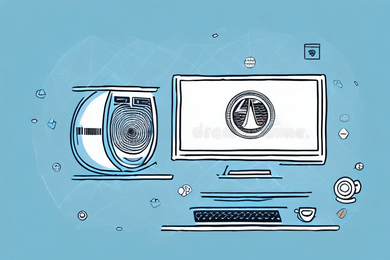 Illustration of a desktop computer and a futuristic device on a blue background, with geometric shapes scattered around. The computer screen displays the UPS WorldShip installation process, while a coffee cup and saucer rest next to the keyboard.