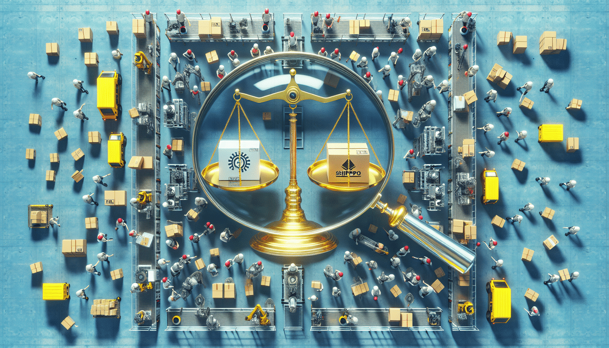 A large magnifying glass focuses on a balancing scale with symbols of a gear and a shipment box on either side. Surrounding the scale, figures move packages and operate machinery, illustrating the efficiency of platforms like Shippo in a dynamic logistics setting.