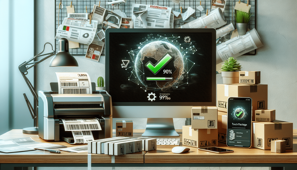 A cluttered desk with packages, a printer, and mobile devices showcases the bustling pace of an office utilizing UPS Worldship. A computer screen displaying Version 9 and a digital globe with a green check mark and 90% reflects the efficient downloading process amidst pinned items on a cork board.
