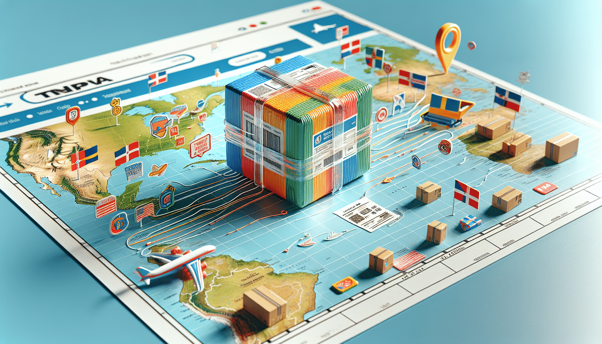 A colorful cube rests on a world map, surrounded by small boxes and icons of airplanes, ships, and flags. The map illustrates trade routes connecting the USA to the Dominican Republic, symbolizing global shipping and logistics, with a focus on FedEx shipping rates in vibrant detail.
