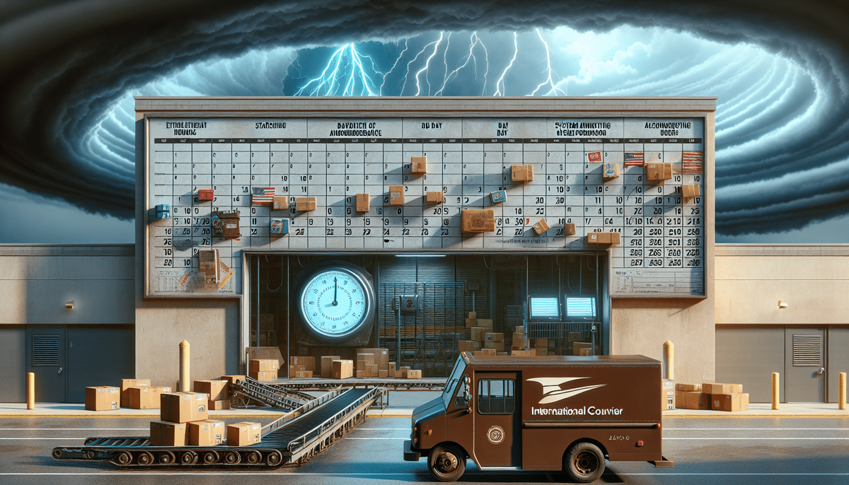 A courier truck is parked outside a delivery center brimming with parcels, while a board showcases intricate delivery information. Under the dramatic, stormy sky with lightning, the scene evokes urgency and impending chaos as employees work around the constraints of the UPS schedule.