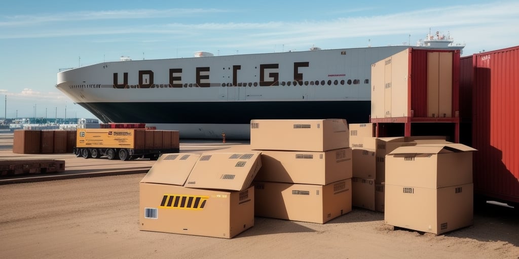 A large cargo ship is docked at a port, surrounded by numerous stacked cardboard boxes and shipping containers. The sky is clear and blue, and wheeled transport crates are parked on the ground, ready for a seamless export process with the latest UPS WorldShip update.