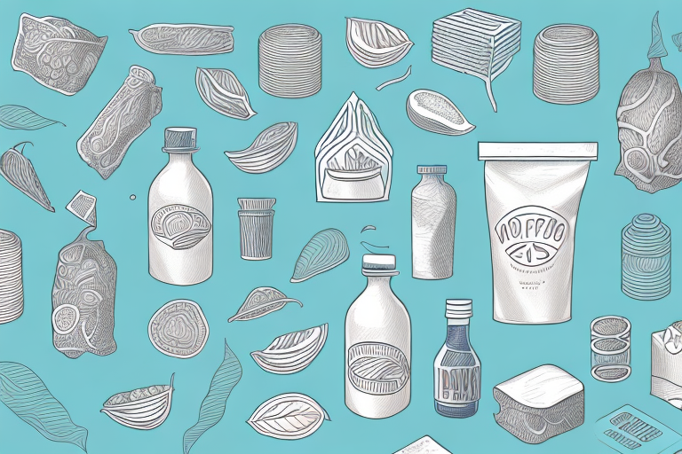 Illustrated pattern featuring eco-friendly bottles, packets, leaves, and geometric shapes against a light blue background. The objects are detailed with thin white lines, creating an intricate and artistic design that highlights the benefits of sustainable food packaging.